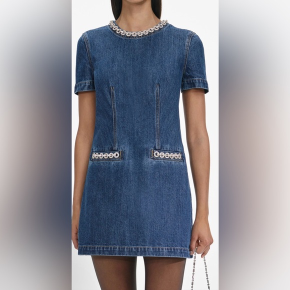 Self-Portrait Dresses & Skirts - New Self Portrait Denim Crystal Trim Mini Dress size 4